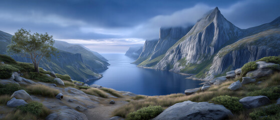  Majestic Mountain Vista: An awe-inspiring panorama of towering mountains embraces a serene fjord, capturing the essence of untouched nature, featuring a lone tree and scenic pathway.