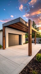 Modern garage with wood accents and a stunning sunset sky
