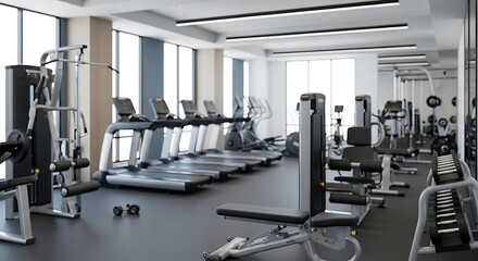 Bright and Modern Gym with Treadmills and Weight Machines.