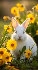 Fototapeta premium White Rabbit Among Yellow Flowers in a Sunny Meadow.