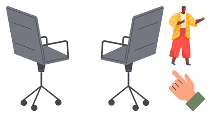 Fototapeta premium Two swivel office chairs alongside a casual person gesturing in colorful clothing and a hand pointing. Ideal for teamwork, office setups, discussions, presentations, workplace, decision-making
