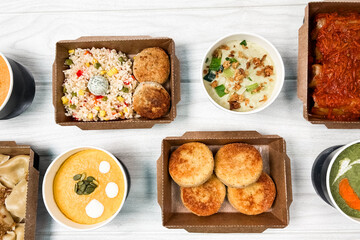 Diverse spread of delicious international dishes Assortment of colorful ready-to-cook meals