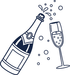 Celebration Champagne Bottle and Glass with Bubbles – Festive Party Vector Illustration