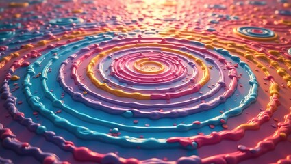 Multicolored circular design features concentric rings of flowing paint, creating a vibrant and textured surface with a glossy finish.