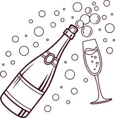 Champagne Bottle and Glass Line Art with Bubbles – Celebration Vector Illustration