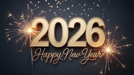Elegant 2026 happy new year golden text with sparklers on a dark background for festive celebration