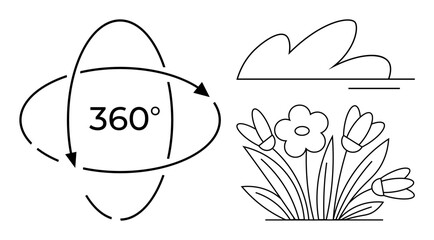 Rotating 360-degree arrows encircle text, paired with simplistic cloud and blooming flower bouquet. Ideal for environment, perspective, sustainability, nature, growth, cycle and connection. Simple