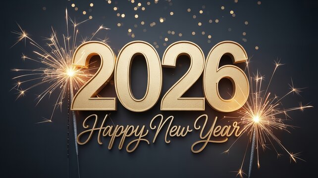 Elegant 2026 happy new year golden text with sparklers on a dark background for festive celebration