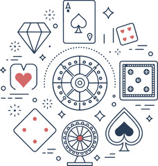 Casino Outline Vector Illustration with Dice, Cards, Roulette Wheel, and Diamond Icons