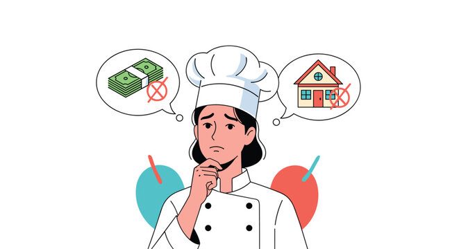 Chef contemplating financial and housing decisions with a thoughtful expression.