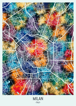 Milan Italy Map. Landmarks travel painting, print downtown cities, city panorama watercolor, view abstract art, famous new design, trending modern destination