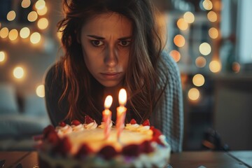 A young woman with a pensive expression gazes at a birthday cake with lit candles, feeling bittersweet on her special day