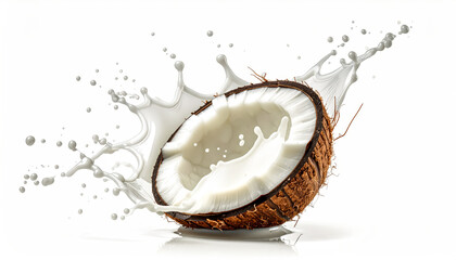 Cracked-Open Coconut with White Milk Splashing Out in Artistic Close-Up