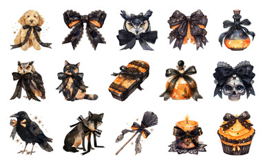 PNG Whimsical Halloween-themed decorative icons, element set on transparent background