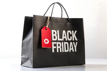 Black friday shopping bag with red tag advertising big sales and discounts for holiday season