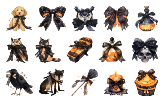 PNG Whimsical Halloween-themed decorative icons, element set on transparent background