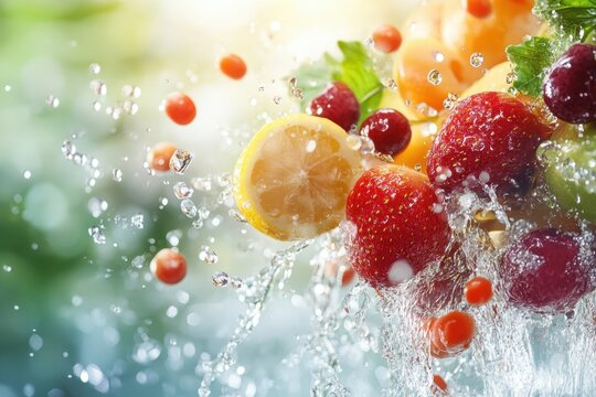 Fresh fruits splashing into water with vibrant colors in a bright, natural setting