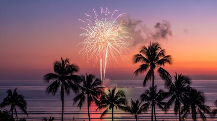 Naklejka premium Fireworks exploding over tropical palm trees at sunset with colorful sky and ocean view in the background