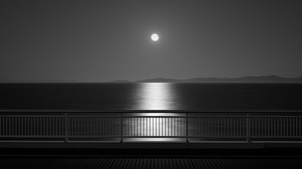 from a bridge, looking out over a calm ocean illuminated by bright moonlight