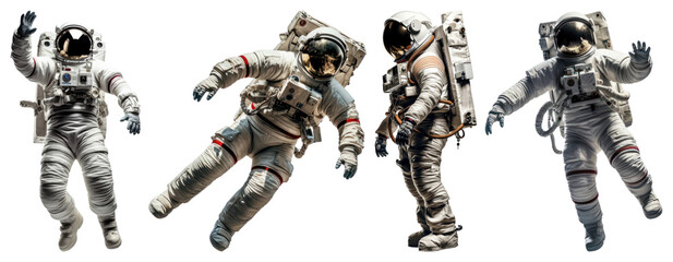 Obraz na płótnie Canvas PNG Floating astronauts in space suits, element set on transparent background
