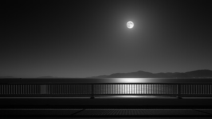 from a bridge, looking out over a calm ocean illuminated by bright moonlight