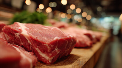 Macro Shot Showing Raw Meat Texture at Grocery Store Counter