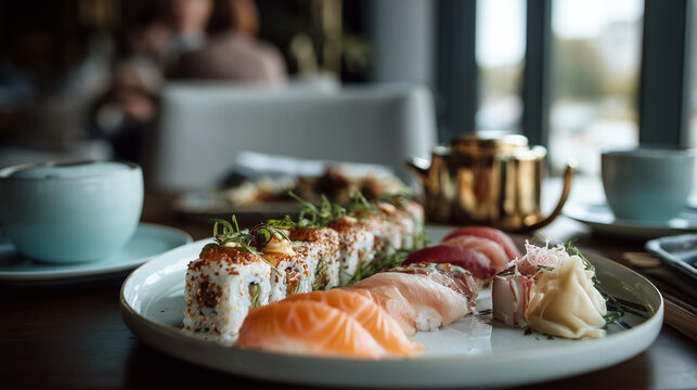 Close-up of assorted sushi on elegant plate - Powered by Adobe