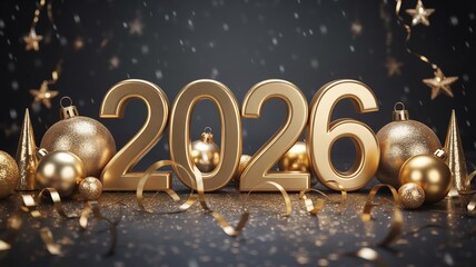 Golden 2026 numbers with festive decorations and confetti on a dark background for a happy new year