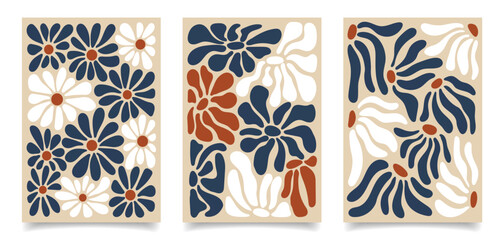 Set of abstract cards with floral motifs. Contemporary tapestries with flowers and plants.	