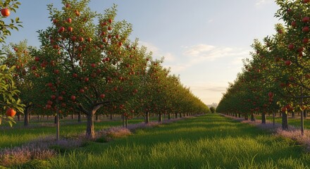 Obraz premium Orchard of apple trees with a green grass field and blue sky.