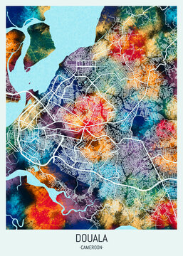 Douala Cameroon City Map. Landmarks travel painting, print downtown cities, city panorama watercolor, view abstract art, famous new design, trending modern destination