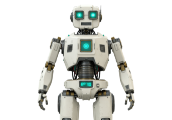 Isolated futuristic droid stands guard with green eyes in science fiction setting in studio