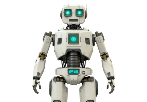 Isolated futuristic droid stands guard with green eyes in science fiction setting in studio - Powered by Adobe