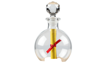 Isolated message in a bottle with scroll and ribbon, crystal stopper, treasure, pirate