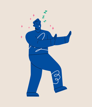 Man walks in a dream. Somnambulism concept. Colorful vector illustration