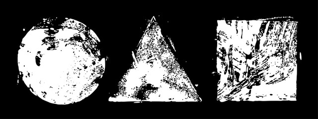Illustration with hand drawn strokes of paint. Forms of a circle, a triangle and a square. White artistic design elements isolated on a black background.