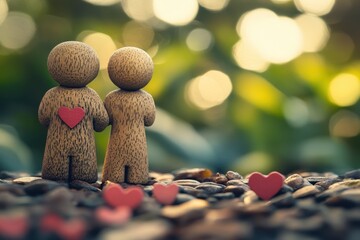 Two wooden figures embrace, surrounded by hearts on pebbles and a soft, blurred background