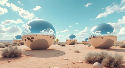 Futuristic domes in desert landscape