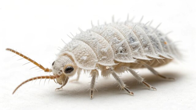 Mealybug with small soft body, white waxy filaments, tiny legs, and antennae, isolated on a clean white studio background, realistic insect macro portrait, sharp focus, professional lighting