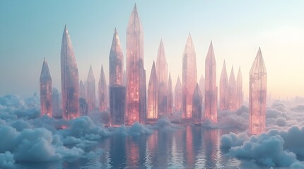 Crystal towers rising above the clouds