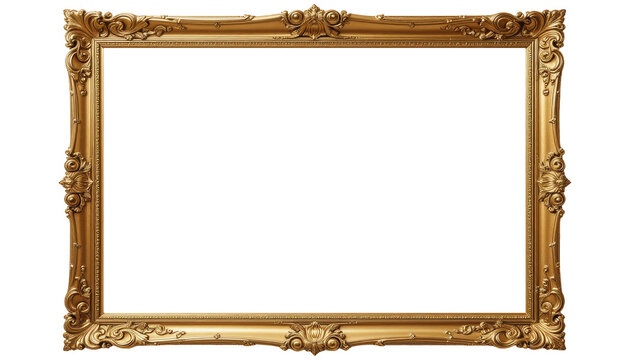 Naklejki A Carved Golden Frame with a Blank Center, Cut Out, Clipping Path, Isolated on a Transparent PNG Background.