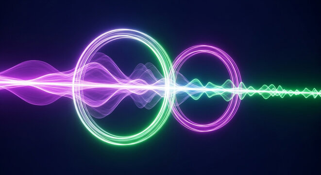 Vibrant neon sound waves pulse through glowing rings, creating a dynamic visual symphony of light and energy for modern tech concepts