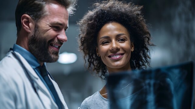 A male doctor and a female patient smiling looking at an X ray film in a medical consultation room