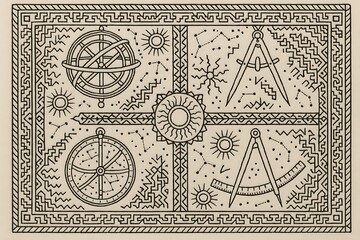 Intricate black and white illustration of astronomical instruments and celestial patterns, isolated on white background, symbolizing knowledge and exploration