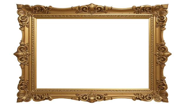 An Ornate Gold Picture Frame, Cut Out, Clipping Path, Isolated on a Transparent PNG Background.