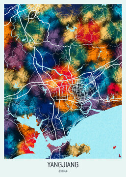 Yangjiang China City Map. Landmarks travel painting, print downtown cities, city panorama watercolor, view abstract art, famous new design, trending modern destination