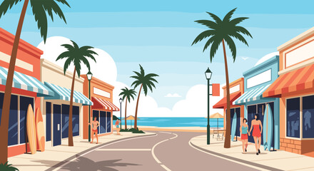 Fototapeta premium A quaint beach town street lined with shops and palm trees leading to the ocean.