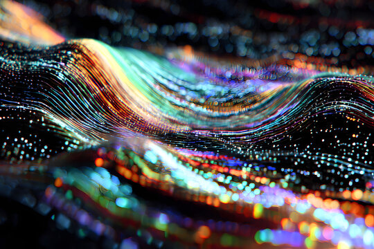 iridescent data streams flowing across a metallic surface creating a futuristic high tech pattern