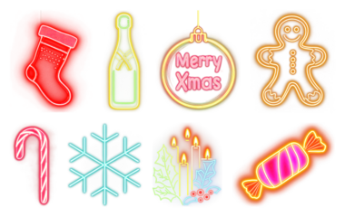 PNG Vibrant festive neon decorations, element set on transparent background