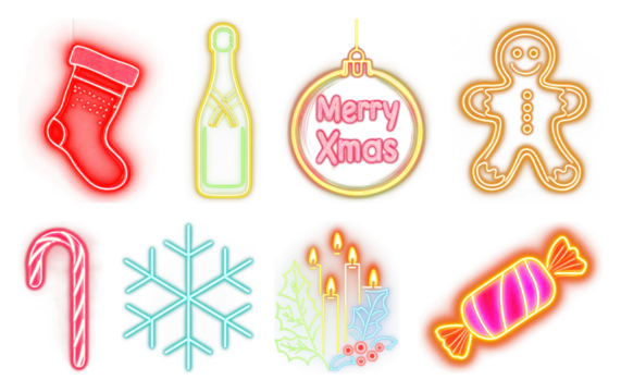 PNG Vibrant festive neon decorations, element set on transparent background